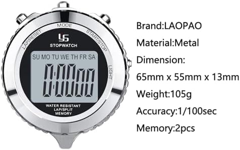 LAOPAO Stopwatch Metal Stopwatch Timer with Backlit 1/100th Second Precision 2 Lap Memory Digital Stop Watch for Coaches