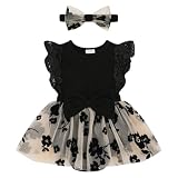 Viworld Baby Girl Romper Dress, Tulle Skirt Bodysuit Ruffle Sleeveless Summer Outfit with Headband for Infants(Black flower,0-3M)