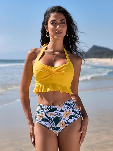 ZAFUL Womens Two Piece Vintage Swimsuit Push Up High Waisted Bikini Sets Tummy Control Bathing Suit Halter Retro Swimwear2