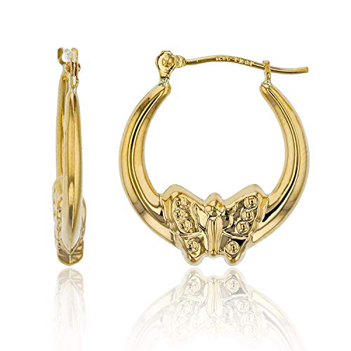 14K Yellow Gold 3mm Thick High Polished Butterfly Hoop Earrings with Hinged Clasp | 3x20mm Hoop | Earrings For Sensitive Ears | Yellow Gold Hoops | Solid Gold Earrings For Women and Girls