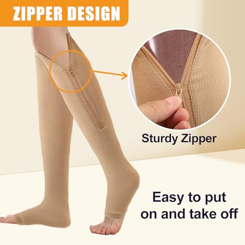 Image of 2 Pairs Zipper Compression Socks,Compression Stockings for Men and Women,15-20 mmHg Open Toe Compression Socks