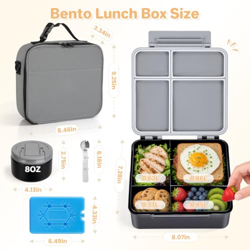 Image of Bento Lunch Box with 8oz Soup Thermo,Kids Leakproof 4 Compartment Lunch Food Containers with Sauce Cup and Ice Pack,Kids Thermo Insulated Hot Food Jar and Lunch Bag for School,Trvael-Black