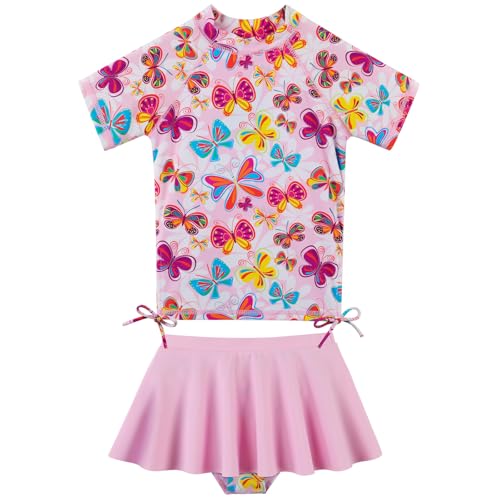 Image of BAOHULU Girls Two Piece Swimsuits Rash Guard Ruffle Bikini Skirt Short Sleeves Beach Dress Swimwear UPF 50+ 3-12Y