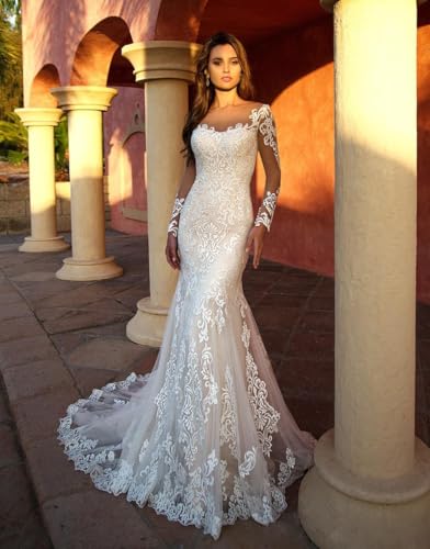 Beach Wedding Dresses for Bride 2025 Long Sleeve Lace Boho Bridal Gowns for Women WDW0012