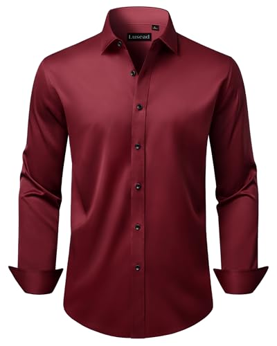 Lusead Burgundy Dress Shirt for Men Wedding Party Stretch Wrinkle Free Christmas Long Sleeve Maroon Button Down Shirt Men