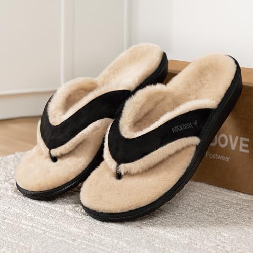 RockDove Women’s Snugga Faux Fur Flip Flop with Memory Foam Cushioning All-Day Comfort Support Indoor Outdoor Slide Sandal, Size 8 US, Black - Thumbnail 3
