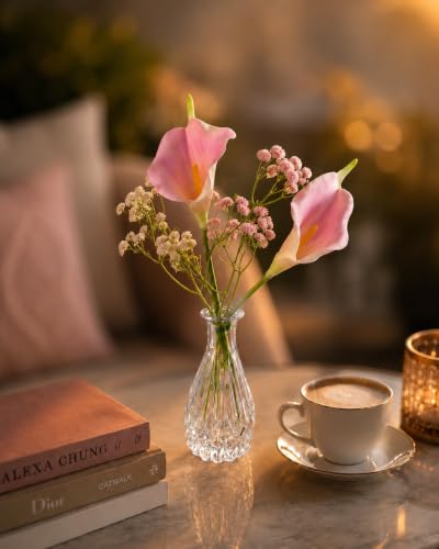 Image of Divyakosh Artificial Pink Calla Lily Flower Arrangement with Glass VASE | (2 Calla Lily + VASE) Faux Floral Bouquet with Baby Breath | Decorative Table Centerpiece for Living Room, Bedroom, Office