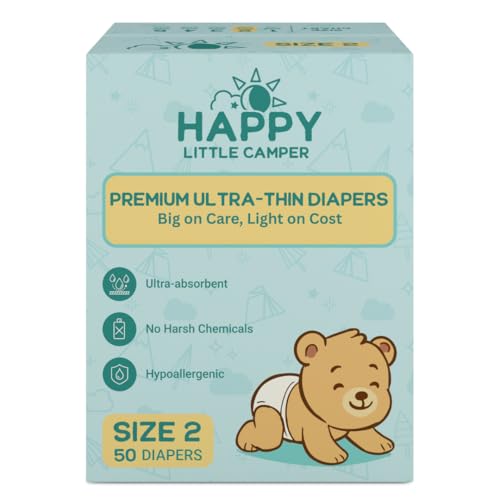 Image of Happy Little Camper Premium Ultra-Thin Diapers, Size 2, 8-15 lbs, 50 Count | Ultra-Absorbent Disposable Baby Diapers for Sensitive Skin | Hypoallergenic, Fragrance-Free, Totally Chlorine Free