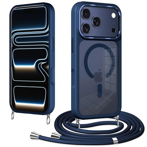 Pnakqil Handyband für iPhone 17 Pro Hülle mit Band Magnetisch Handyhülle Kompatibel mit MagSafe Kratzfeste PC Rückseite + TPU Bumper Stoßfest Schutzhülle mit Abnehmbar Kordel zum Umhängen Case Blau