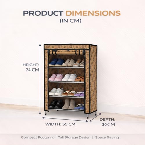 Image of Metal Shoe Stand with Cover, 4 Tier Shoe Organizer for Home & Office - Flower Print