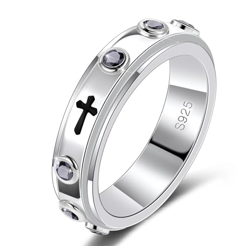 LYTTMAB 6MM Sterling S925 Silver Rosary Spinner Ring For Men, Finger Decade Rosary Ring For Women, Catholic Anxiety Fidget Ring