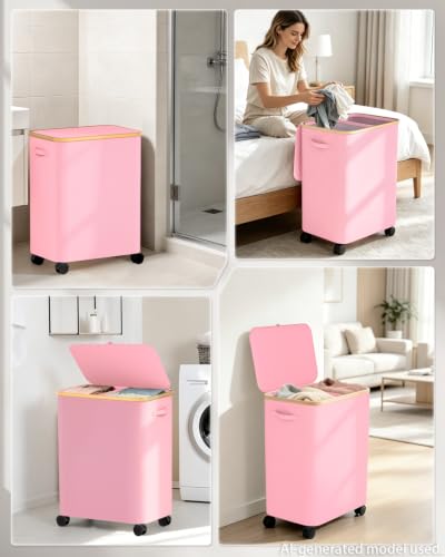 Image of Double Laundry Basket with Wheels and Lid, 150L Clothes Hampers for Laundry | Large Laundry Hamper with 2 Sections & Removable Liner Bags, Rolling Dirty Clothes Basket for Bedroom Bathroom Dorm College