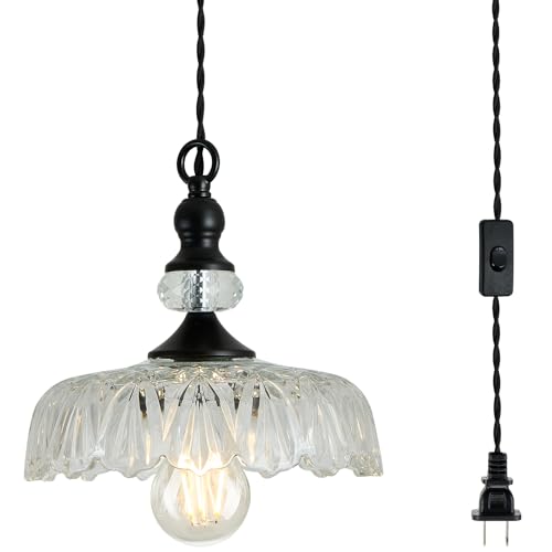 Image of CVKASH Plug in Glass Pendant Light Fixture Black Vintage Adjustable Chandelier Hanging Ceiling Light for Farmhouse Hallway Bedroom Foyer Kitcken Dining Room Island.