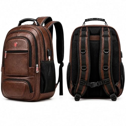 Mochila Couro Sintético Premium Grande Capacida 50L Resistente à Água Antifurto Cabo de Aço Saída USB P2 Compartimento Notebook até 17” Executiva Unissex (Marrom)