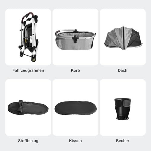 DAISTERN Hundebuggy Hundewagen Klappbar bis 25KG, Hundetrolley Faltbar mit Rahmen aus Aluminiumlegierung, 360° drehbare Gummireifen, Hinterradbremsen, Sicherheitsleine und Bequemes Sitzkissen Grau