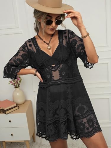 Image of Eomenie Women's Contrast Lace Bathing Suit Cover Up V-Neck Swimsuit Coverups Loose Swimwear Beach Dress Beachwear