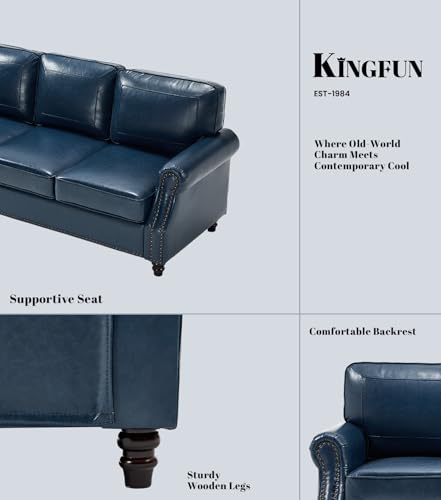 Image of Kingfun 3 Seater Sofa, Mid-Century Modern Faux Leather Couch Set for Living Room, Blue with Rolled Arms & Nailhead Trim, Easy Assembly
