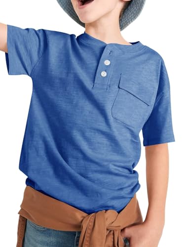 Haloumoning Kurzarm T-Shirt Jungen Sommer Henley Tee Basic Shirts Kinder Tops mit Tasche Blau 6-8 Jahre