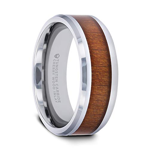 New Brunswick Tungsten Wedding Ring with Polished Bevels and Black Cherry Wood Inlay - 6mm