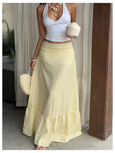 SHENHE Women's Striped Maxi Skirt Ruffle Hem A Line Flowy Summer Beach Vacation Long Skirt3