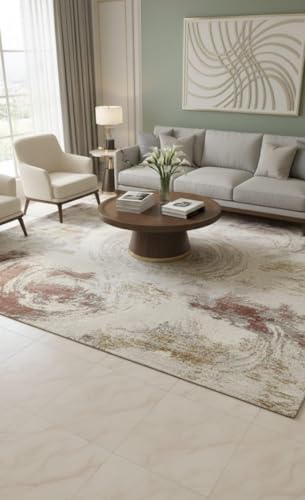 Image of 6x9 Feet (180x270 CM) Carpet for Living Room Hall & Bedroom - Pink Beige Modern Abstract Geometric Silk-Touch Luxury Hotel-Style Washable Anti-Skid Turkish Area Rug