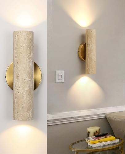 WOSBO Natural Travertine Wall Sconce 11 In Linear Stone Wall Sconce with Cylinder Stone Lampshade & Gold Metal Base Nordic Style Mid Century Modern Wall Light Fixture for Living Room Bedroom Hallway
