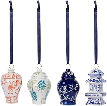 Sophinique 4 Pieces Mini Ginger Jar Ornaments,Christmas Chinoiserie Porcelain Ornament,Ball Chinoiserie Porcelain Christmas Vintage Decorations for Christmas Tree Decor