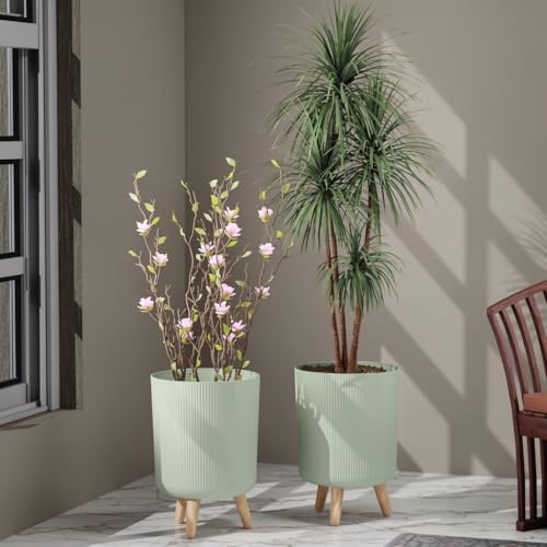 Image of StyleX Store Modern Flower Pot with Plastic Legs | Indoor Outdoor Planter for Home Garden Balcony Decor Ribbed Design Sturdy Plastic Mid-Century Style (saga Green Pack of 2)