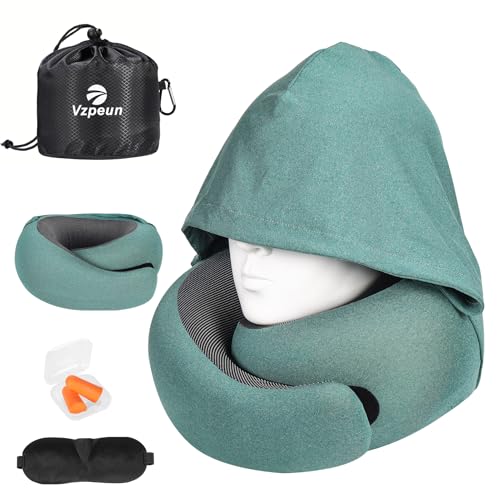 Vzpeun Travel Pillow - Hooded Neck Pillow Airplane Memory Foam Filling for Plane, Office, Cars Sleeping, Road Trip, Long Flights, Airplane Travel Essentials, Includes Eye Mask & Earplugs (Green)
