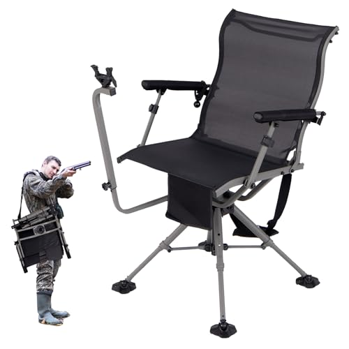 GYMAX Hunting Chair with Gun Rest, 360° Swivel Hunting Blind Chair w/Adjustable Height & Armrest, All-Terrain Duck Feet, Shoulder Strap, 330 LBS Folding Outdoor Ground Blind Seat (Extendable Gun Rest)