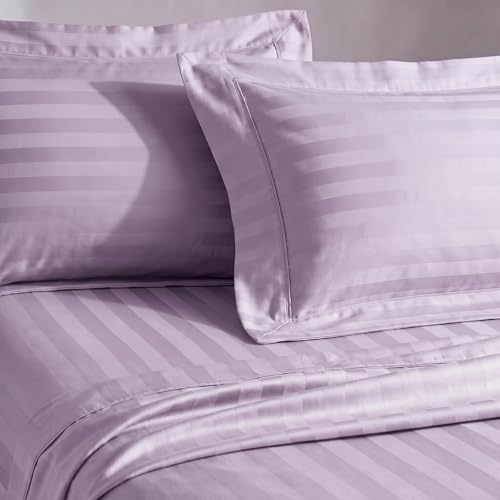 Image of LANE LINEN 100% Cotton Super King Bedsheet with 2 Pillow Cases | Damask Stripe 3pc Bedding Set- 2.74M x 2.74M | Breathable & Comfortable Fabric | Oeko-TEX Certified - Lilac