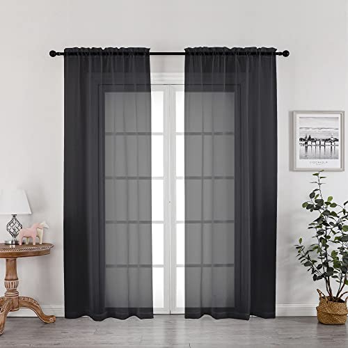 Image of OWENIE Black Sheer Curtains 72 Inches Long 2 Panels, Transparent Voile Sheer Curtain Double Rod Pocket Gauze Drapes for Living Room Bedroom Window Sliding Glass Door Treatment, 42 x 72 Inch