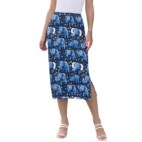 Faldas para mujer midi de cintura alta con estampado de elefantes