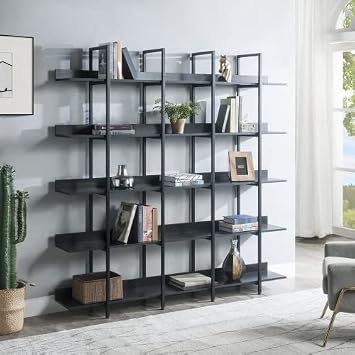 Bookcases and Bookshelves Triple Wide 5-Tier Vintage Industrial Book Shelf with Baffles Large Open Bookshelf Organizer with Metal Frame Tall Bookcase for Home Office, Black