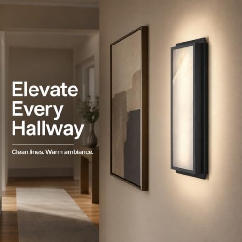 Image of 16 Inch Natural Alabaster Bathroom 20W-3000K LED Home Wall Sconce Modern Concise Style Wall Light Fixture,Black Finish for Bedroom Hallway Bedside Living Room