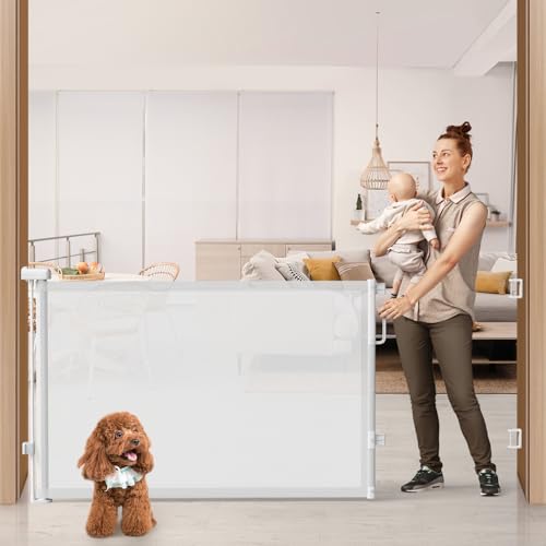 Image of 76 inch Retractable Baby Gates Extra Wide, Mesh Long Dog Gate for Deck | Indoor Outdoor Stair Gate for Wide Openings Doorways Hallways Porch, Child Pet Safety Essentials for Home, White