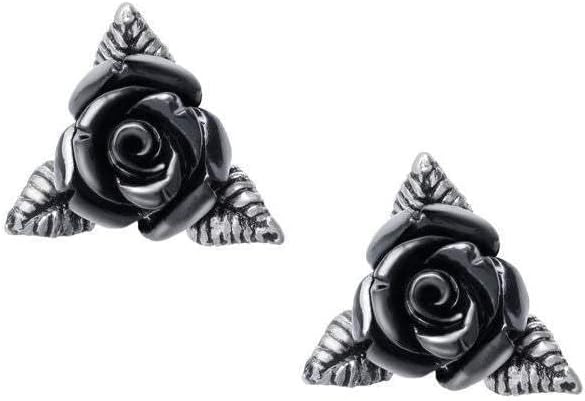 Gothic Black Rose Ear Studs Women Earring Set Black-Silver, Pewter,