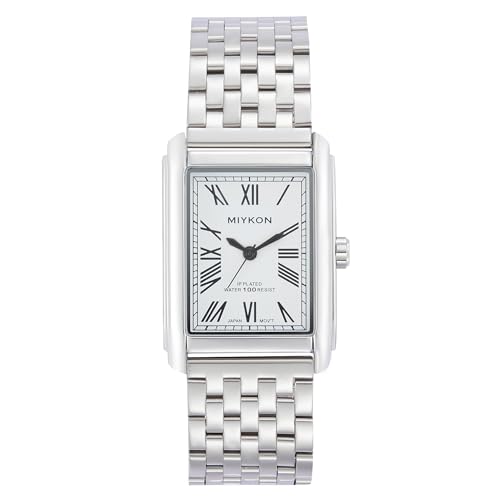 Miykon Silver Square Watches for Men - Vintage Tank Watch with White Dial & Solid Stainless Steel Bracelet Mens Dress Watches - Ion Polish Scratch Resist Glass Japanese Quartz Waterproof to 100ft