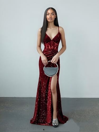 Sparkly Sequin Lace Applique Prom Dresses for Women 2025 Spaghetti Strap Mermaid Slit Long Evening Party Gowns3