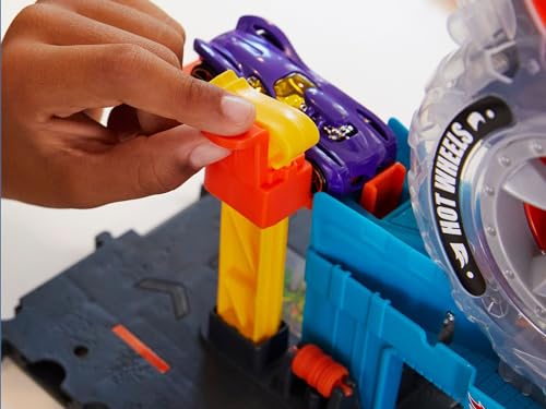 image for Hot Wheels Toy Car Track Set City Super Twist Tire Shop with 1:64 Scal