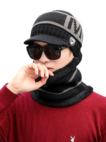 capichino Men's Winter Warm Visior Wool Cap with Scarf, Youth Korean Winter Ear Protection Knitted hat Plus Velvet Thick Cycling Cotton Cap Black Color-picture-27
