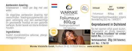 Ácido fólico 800µg – 100% vegano – Vitamina B9 – 100 comprimidos | Warnke Vitalstoffe - Calidad de farmacia alemana