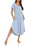 AVIIER Nightgowns for Women Cotton V Neck Sleepwear Short Sleeve Loungewear (Blue While, Small)