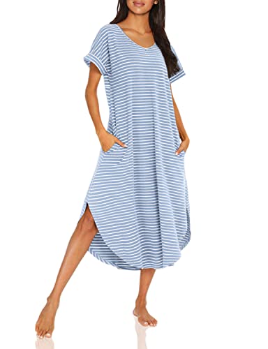 Aviier Nightgowns For Women Cotton V Neck Sleepwear Short Sleeve Loungewear (Blue While, Small) #TOP17