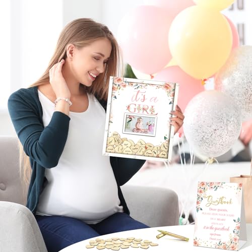 Image of 65 Pcs Baby Shower Guest Book Alternatives Baby Shower Sign in Guest Book Decorations It's a Girl Floral in Bloom Decorations with Photo Frame and 60 Wood Slices Keepsakes Gifts for Guests