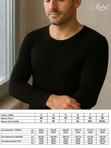 Liabel - Camiseta interior para hombre de algodón cálido de manga larga (lote de 2) suave camiseta interior de invierno efecto térmico natural blanco o negro, Negro Gargantilla - 2pcs, XL