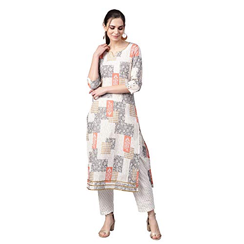 Image of idaLia Women's Off White Printed Cotton Kurta with Printed Pants
