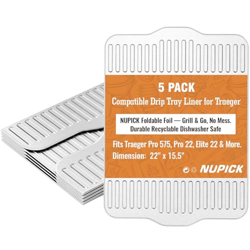 NUPICK BAC507 Grill Drip Tray Liners for Traeger Pro 575 Pro 22 and Elite 22 Grill Accessories for Traeger Aluminum Disposable Drip Trays Heat-Resistant Grill Accessory 22in x 15.5in 5 Pack