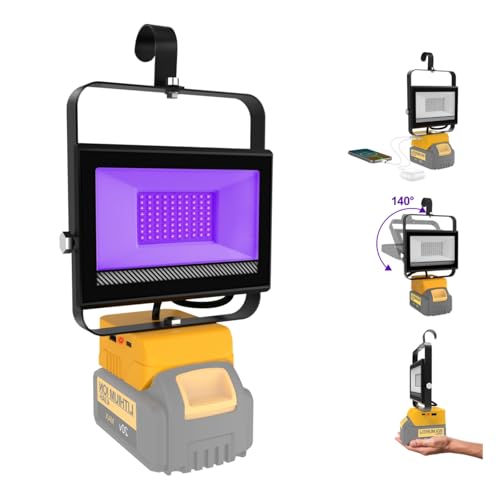 CREPOW Cordless LED Black Lights for DeWalt 20V Battery, Portable Black Lights with Low Voltage Protection, 395nm Ultraviolet Flood Light with USB & Type C Charging Port for Glow Party, Halloween
