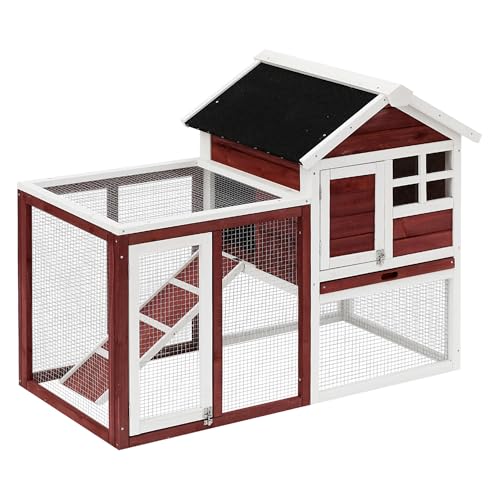 PawHut Conejera de Madera de 2 Niveles Jaula para Conejos con Zona Abierta Techo Asfáltico Bandeja Extraíble y Rampa Conejera para Exterior 122x62,6x92 cm Marrón